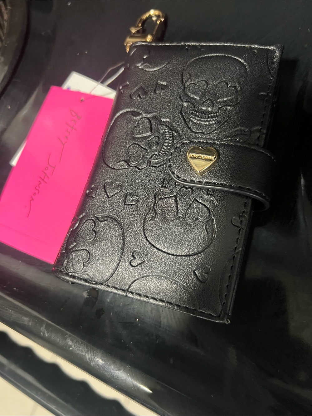 Betsey Johnson Black Embossed Skull Card Holder with Gold Heart Snap